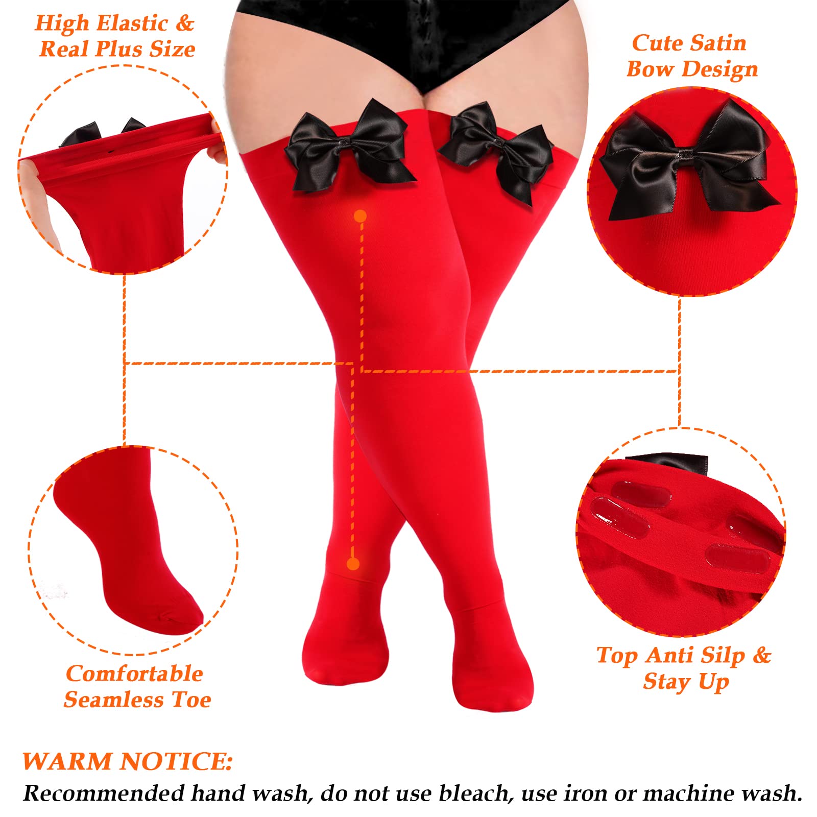 3 Pairs Women Plus Size Bow Thigh Highs Stockings-Red - Moon Wood