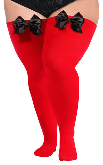 Women Plus Size Bow Thigh Highs Stockings-Red