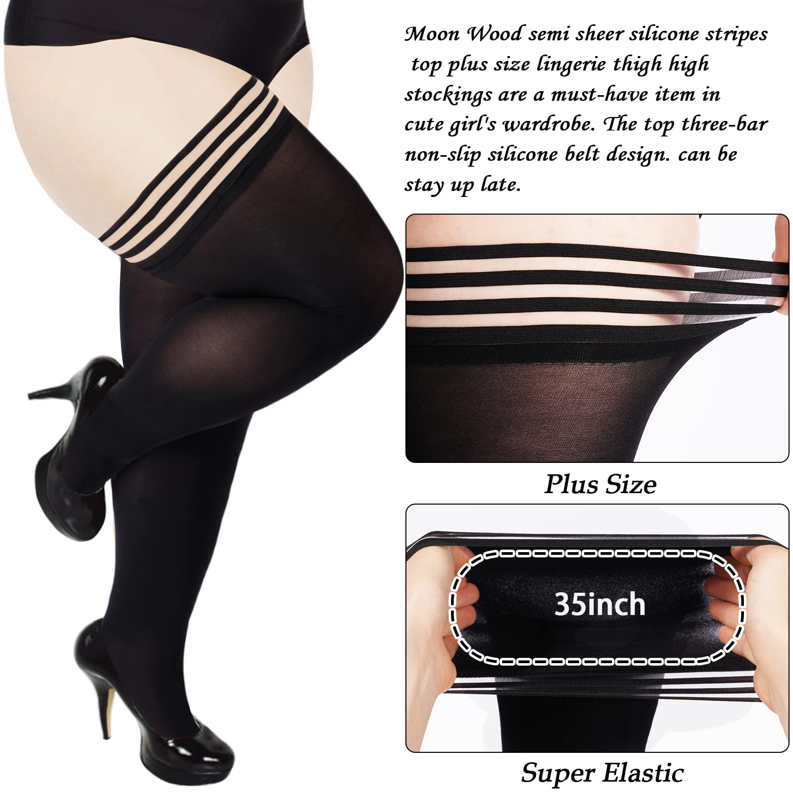 55D Semi Sheer Thigh Highs Stockings for Women - Black - Moon Wood