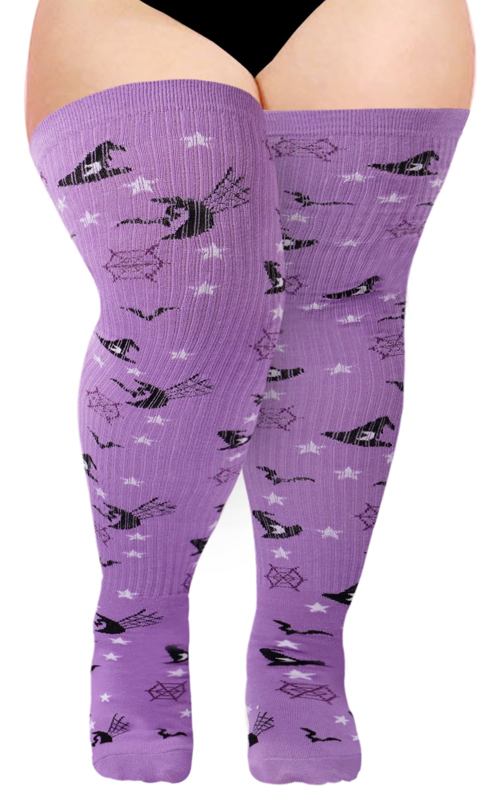 Womens Knit Cotton Extra Long Over the Knee High Socks-Purple & Black