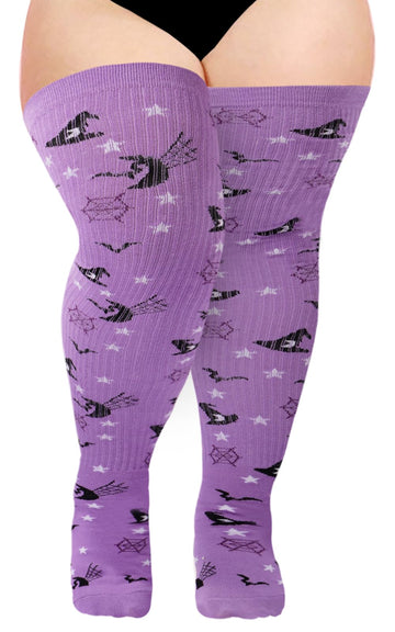 Extra lange Overknee-Socken aus gestrickter Baumwolle für Damen – Lila und Schwarz