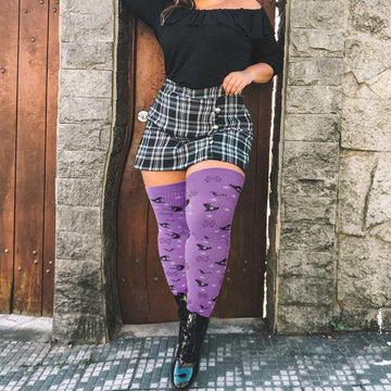 Chaussettes hautes en coton tricoté Extra longues pour femmes-violet et noir