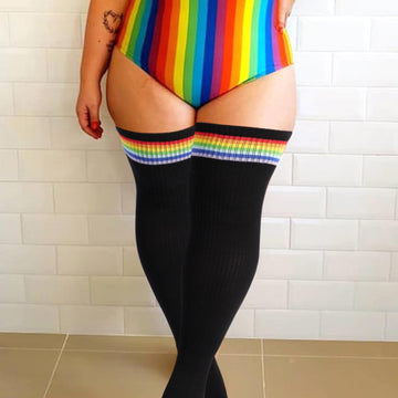 Womens Knit Cotton Extra Long Over the Knee High Socks-Black & Rainbow - Moon Wood