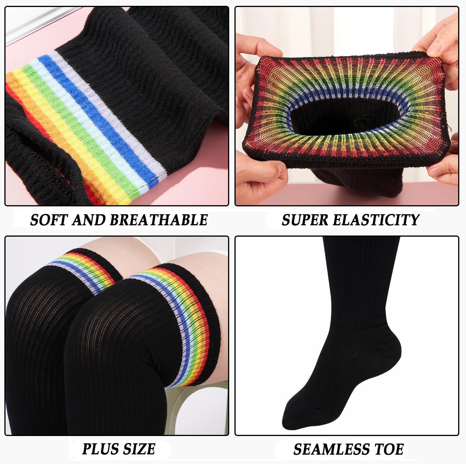 Womens Knit Cotton Extra Long Over the Knee High Socks-Black & Rainbow - Moon Wood