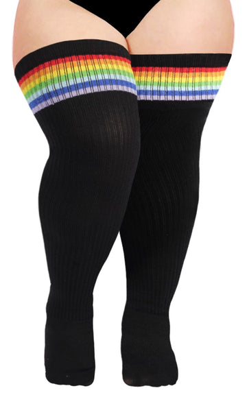 Women Knit Cotton Over the Knee High Socks-Black & Rainbow