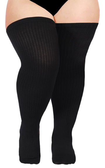 Womens Knit Cotton Extra Long Over the Knee High Socks-Black - Moon Wood