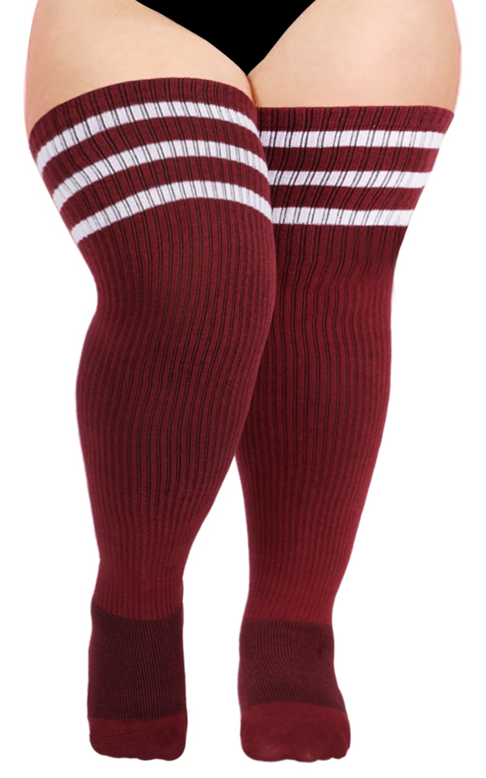 Womens Knit Cotton Extra Long Over the Knee High Socks-Burgundy - Moon Wood