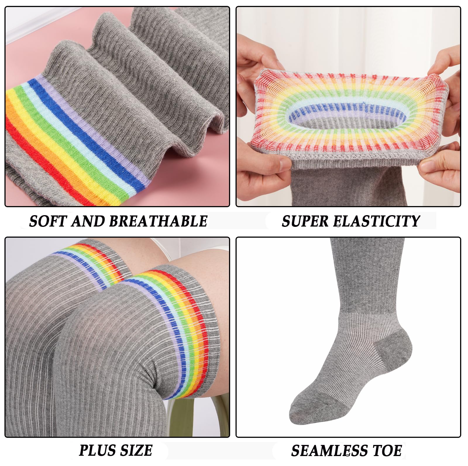 Womens Knit Cotton Extra Long Over the Knee High Socks-Dark Grey & Rainbow - Moon Wood