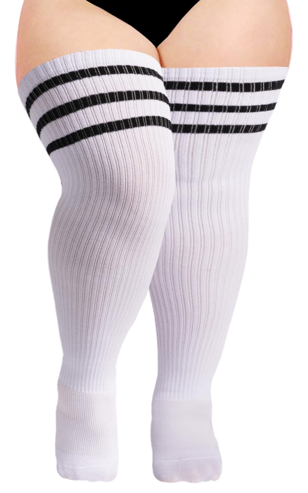 Womens Knit Cotton Extra Long Over the Knee High Socks-White & Black - Moon Wood