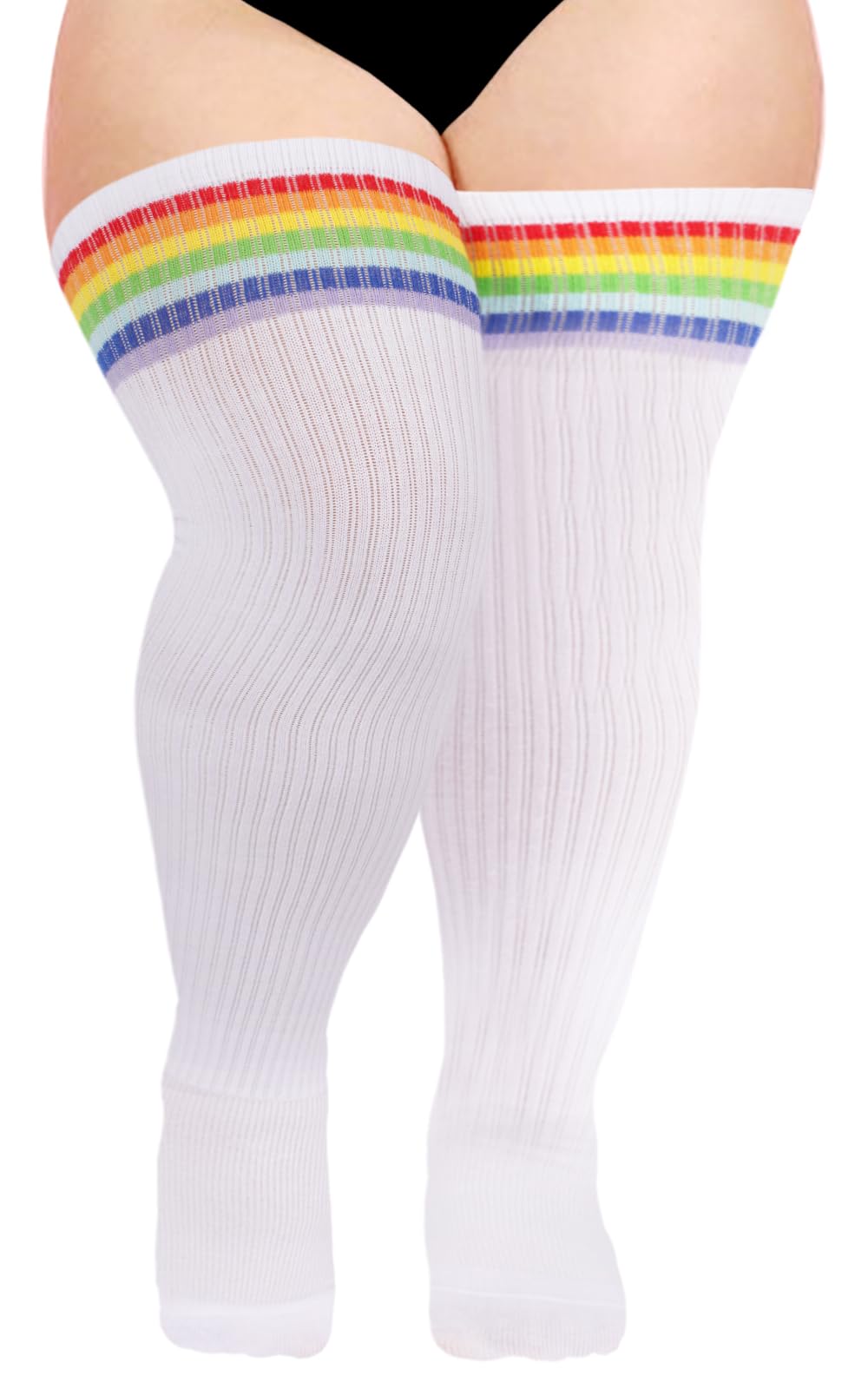 Womens Knit Cotton Extra Long Over the Knee High Socks-White & Rainbow - Moon Wood
