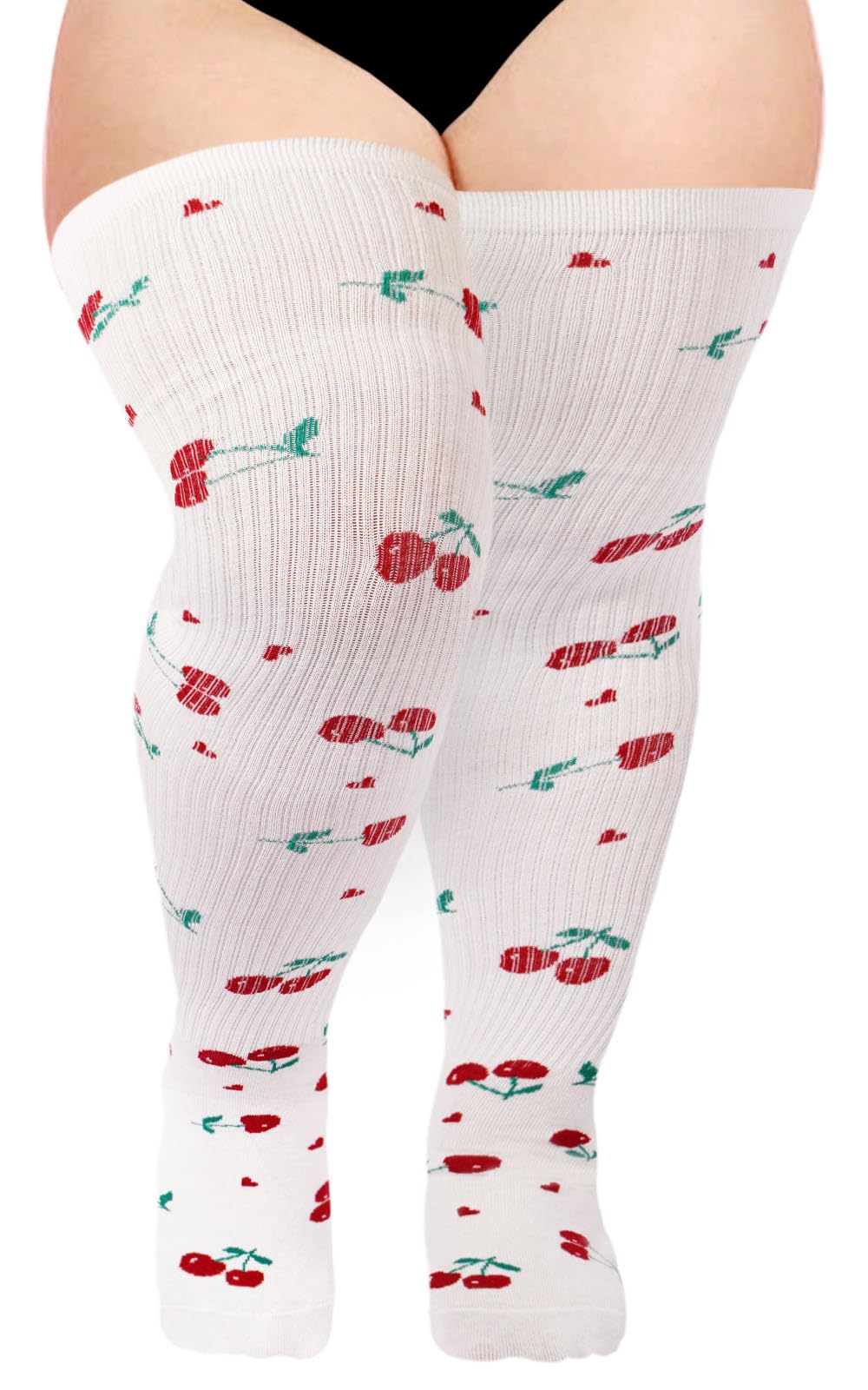 Womens Knit Cotton Extra Long Over the Knee High Socks-White & Red