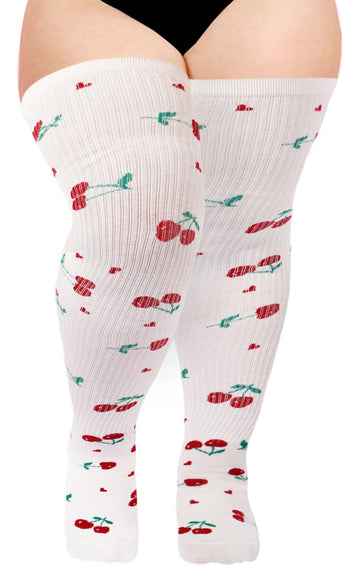 Extra lange Overknee-Socken aus gestrickter Baumwolle für Damen – Weiß und Rot