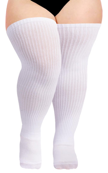 Women Knit Cotton Over the Knee High Socks-White