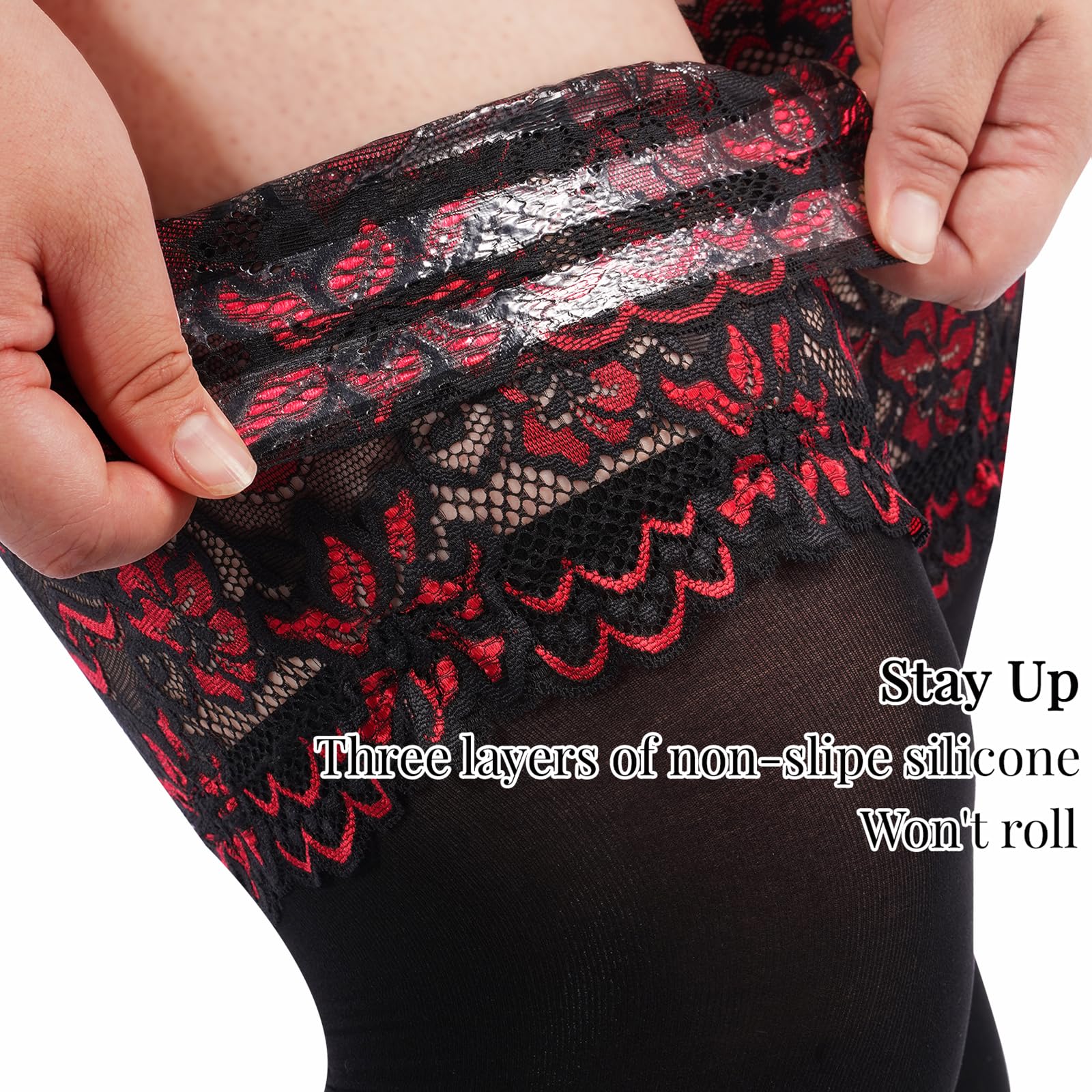 55D Semi Sheer 6.88IN Silicone Lace Top Stay Up Thigh High-Black & Red - Moon Wood