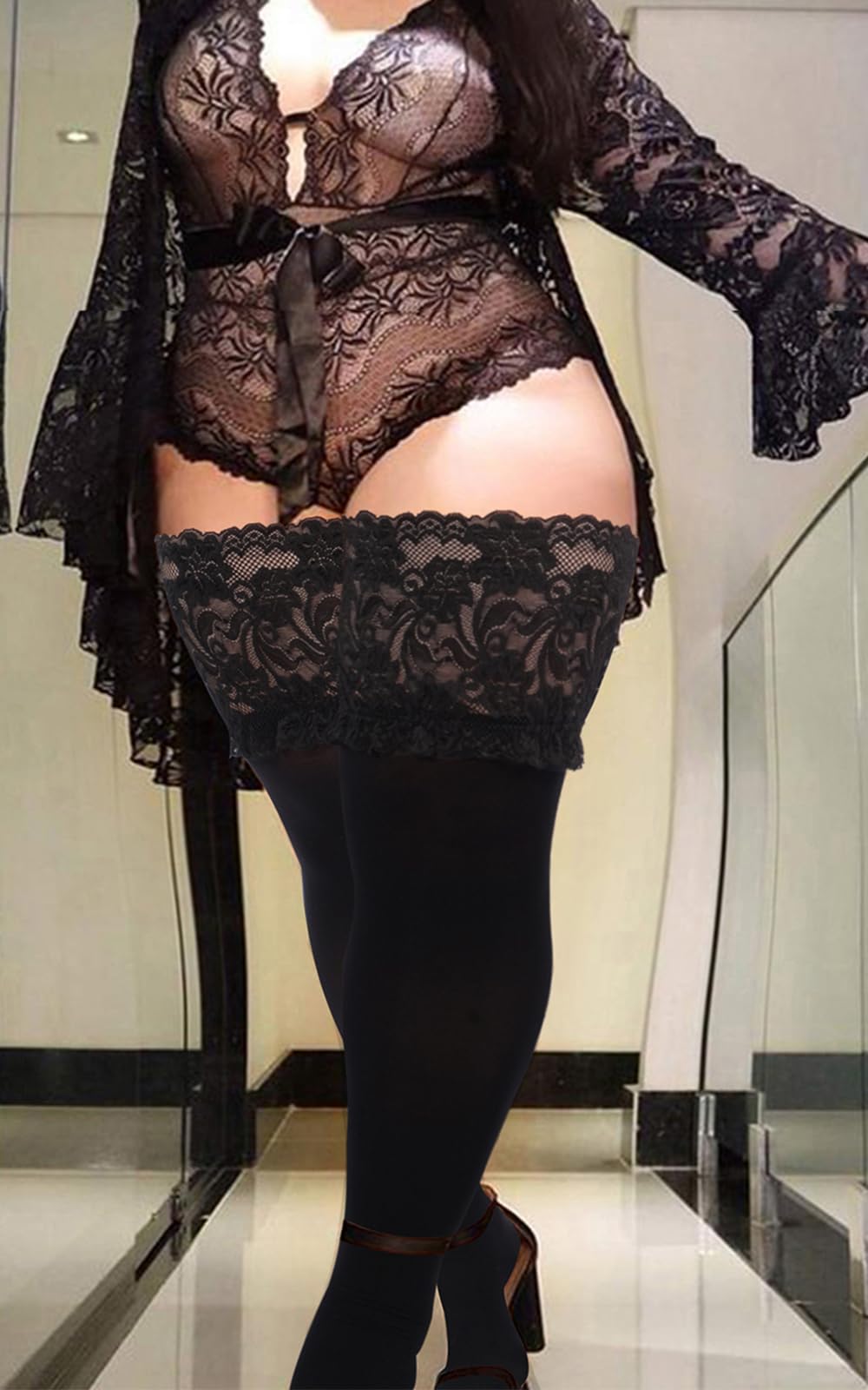 55D Semi Sheer 6.88IN Silicone Lace Top Stay Up Thigh High-Black - Moon Wood