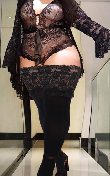 55D Semi Sheer 6.88IN Silicone Lace Top Stay Up Thigh High-Black