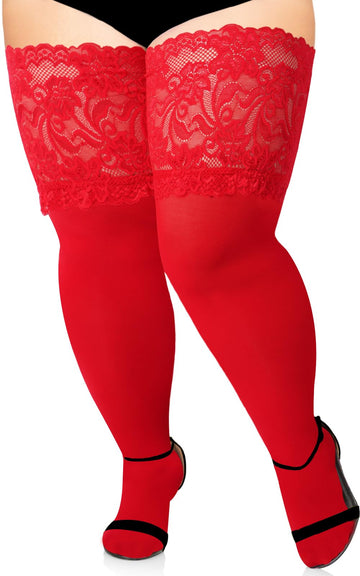 55D Semi Sheer 6.88IN Silicone Lace Top Stay Up Thigh High-Red - Moon Wood
