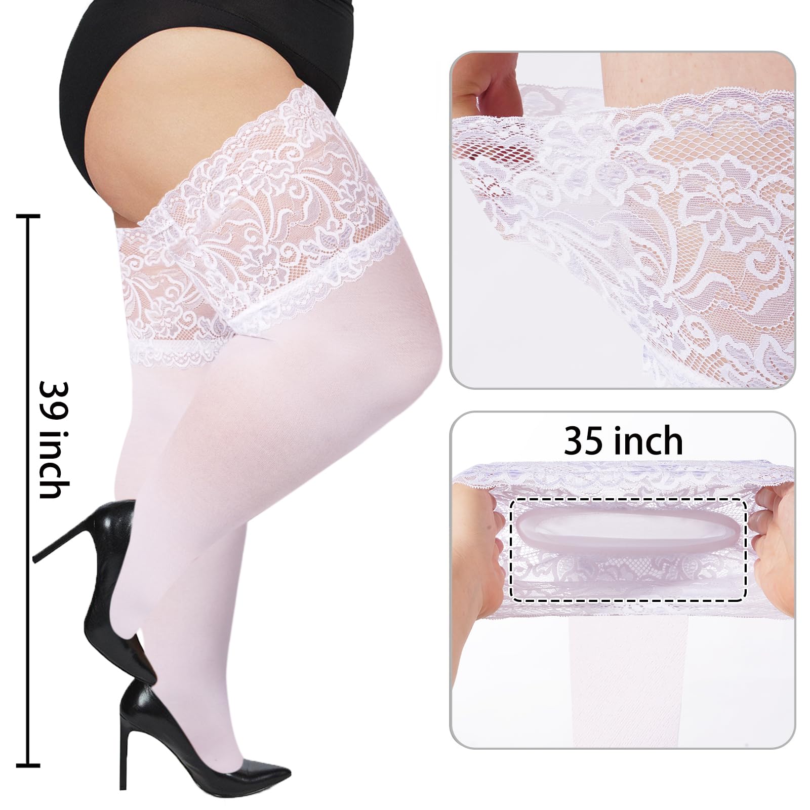 55D Semi Sheer 6.88IN Silicone Lace Top Stay Up Thigh High-White - Moon Wood