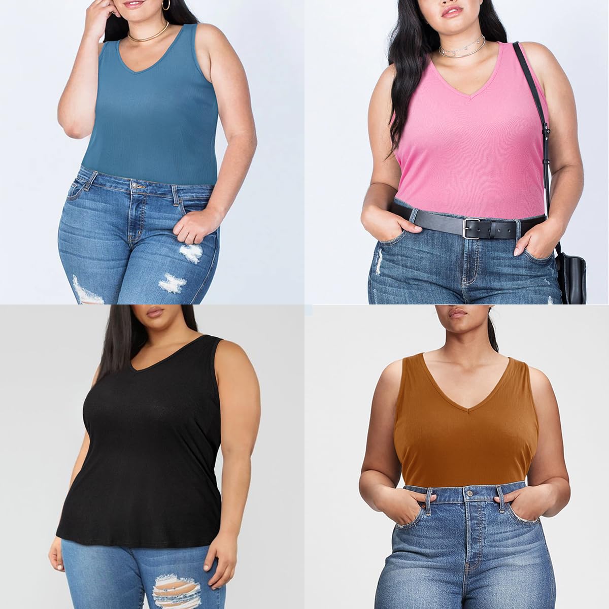 Plus Size Tank Tops for Women V Neck Knit Top-Black - Moon Wood