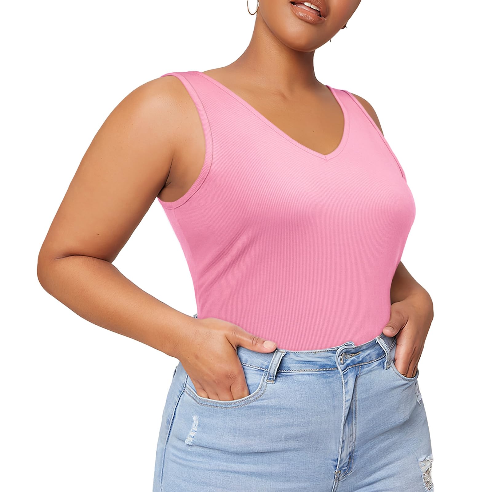 Plus Size Tank Tops for Women V Neck Knit Top-Pink - Moon Wood