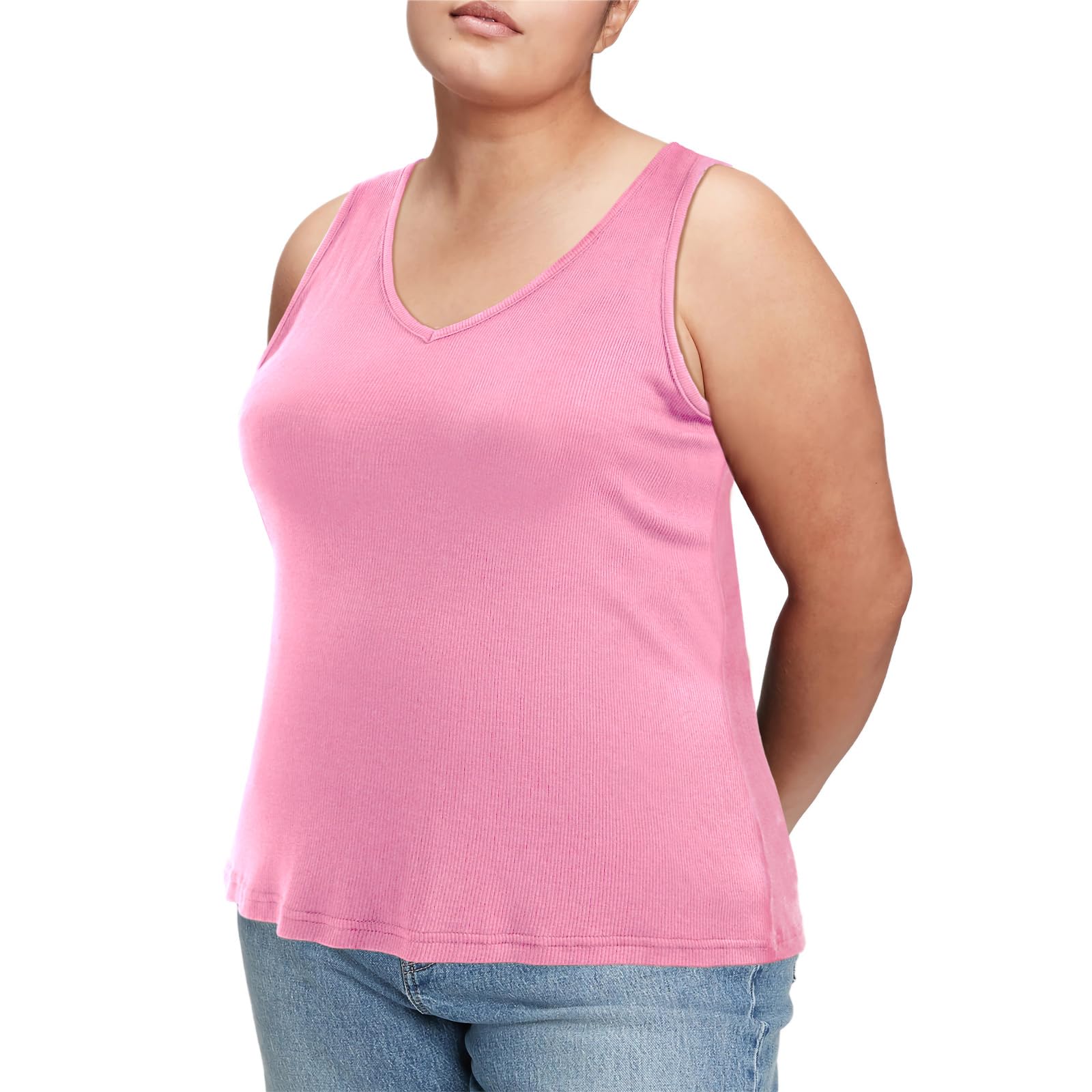 Plus Size Tank Tops for Women V Neck Knit Top-Pink - Moon Wood
