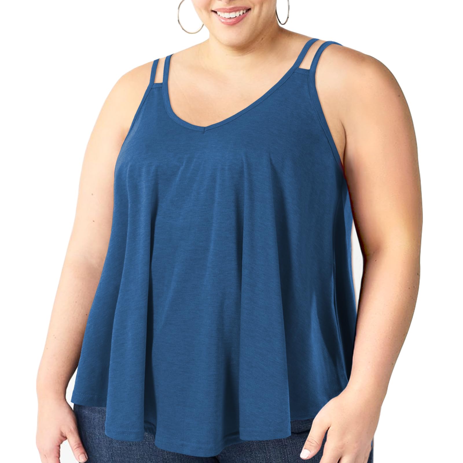 Plus Size Tank Tops for Women V Neck Spaghetti Camisole-Azure Blue - Moon Wood