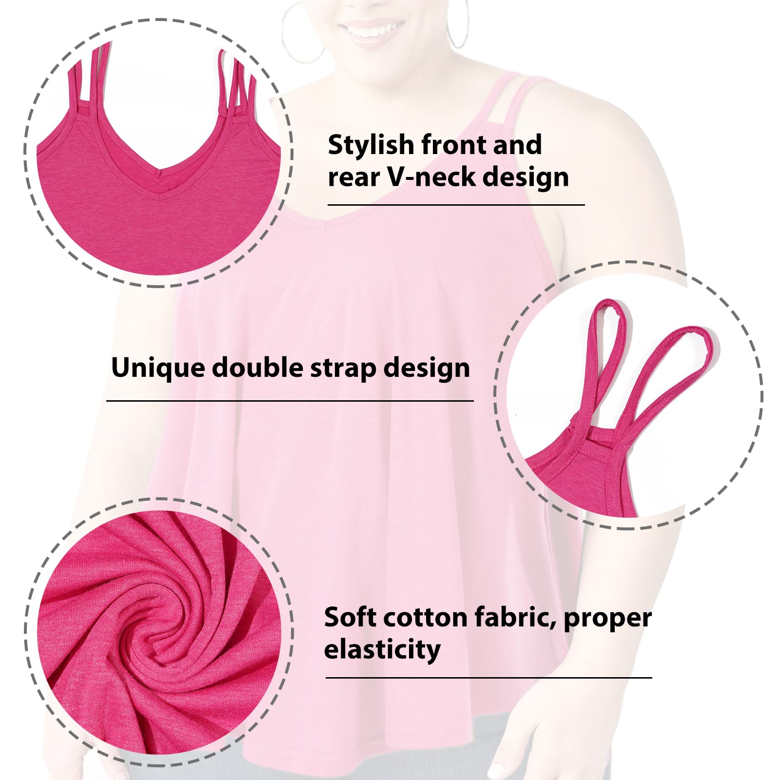Plus Size Tank Tops for Women V Neck Spaghetti Camisole-Berry Pink - Moon Wood