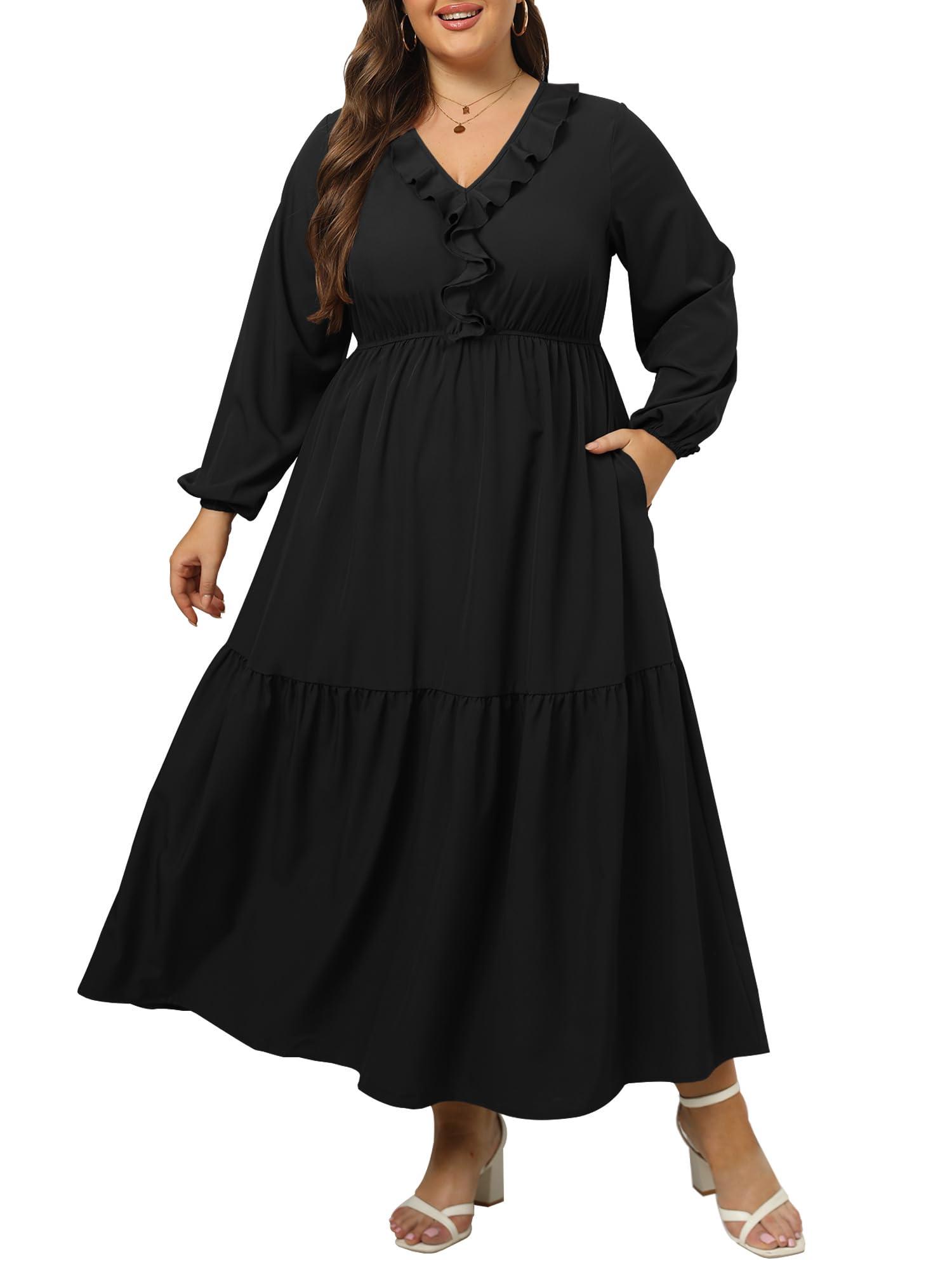 Plus Size A Line Flowy Dresses Long Sleeve V Neck - Black-Moon Wood