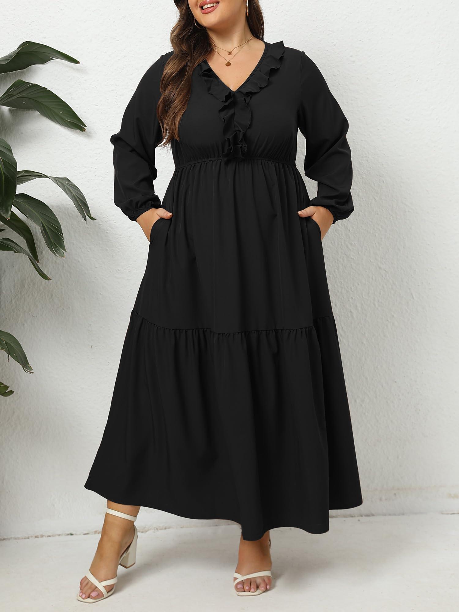 Plus Size A Line Flowy Dresses Long Sleeve V Neck - Black-Moon Wood