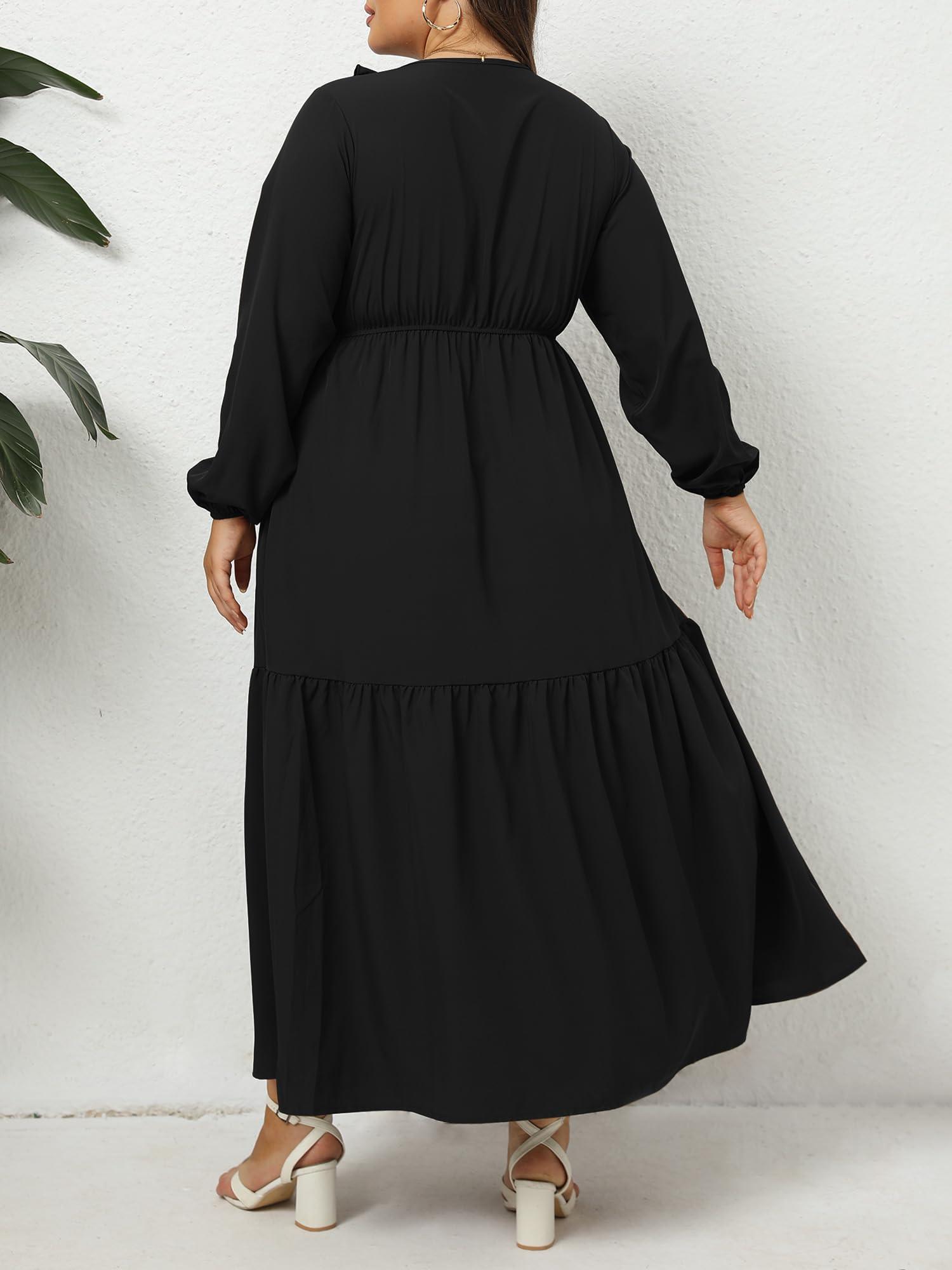 Plus Size A Line Flowy Dresses Long Sleeve V Neck - Black-Moon Wood