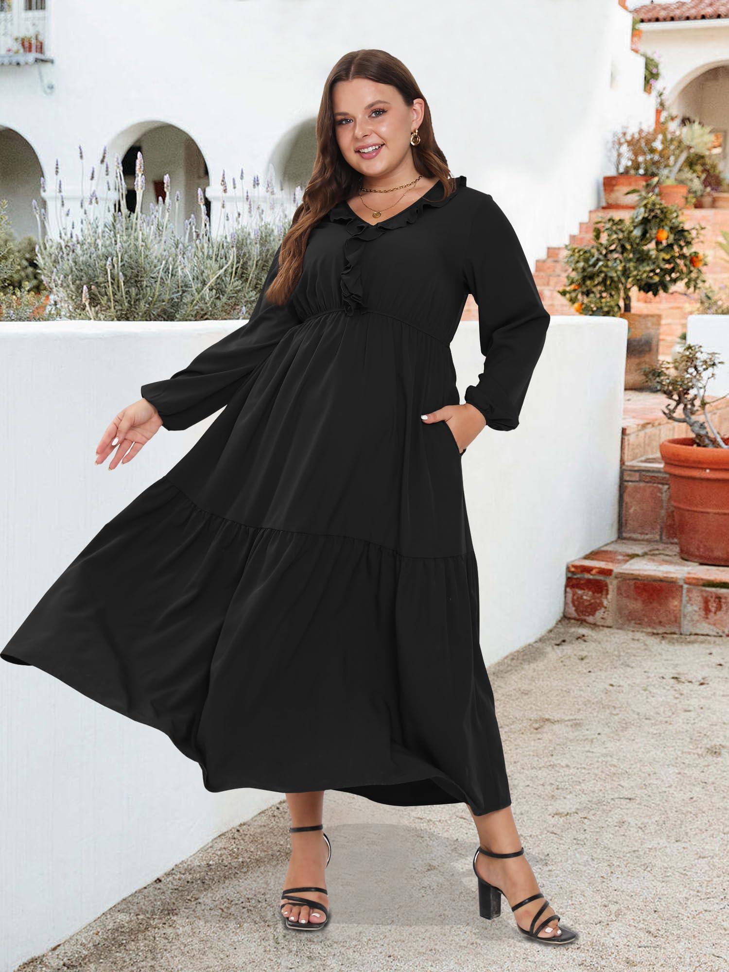 Plus Size A Line Flowy Dresses Long Sleeve V Neck Black