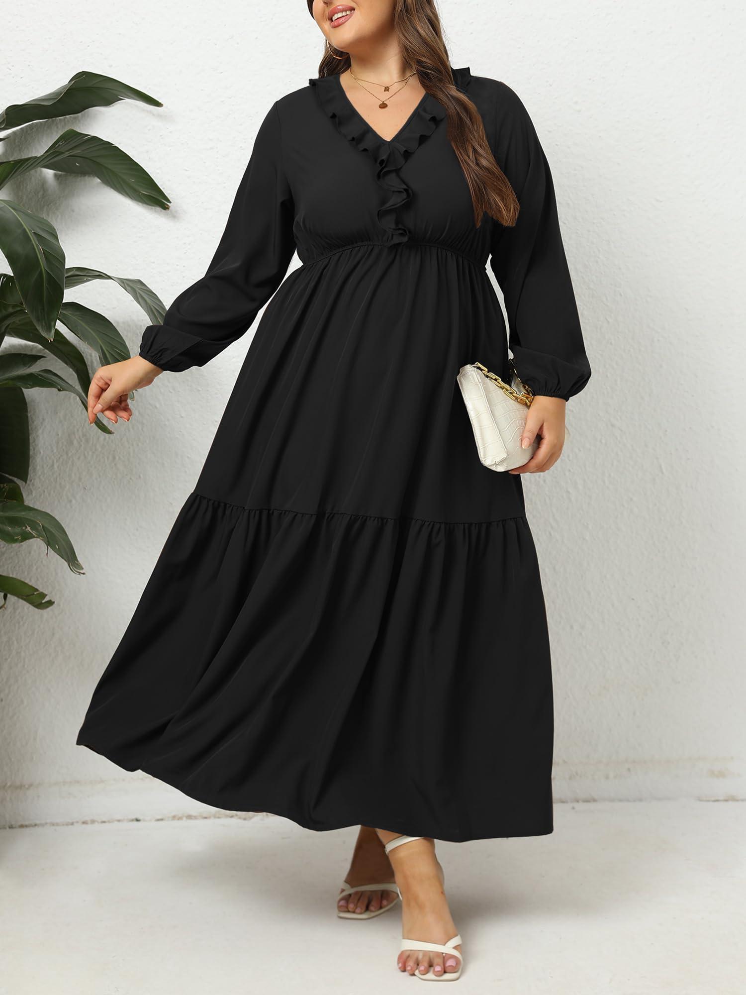 Plus Size A Line Flowy Dresses Long Sleeve V Neck - Black-Moon Wood