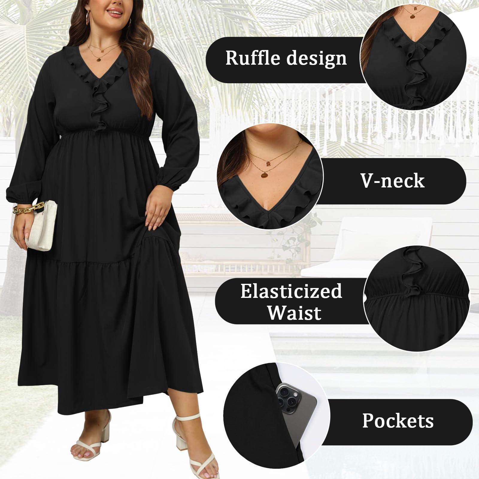 Plus Size A Line Flowy Dresses Long Sleeve V Neck - Black-Moon Wood