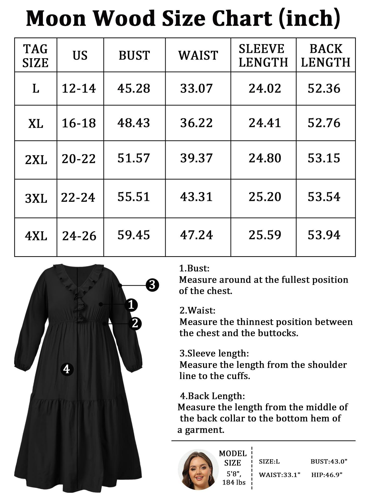 Plus Size A Line Flowy Dresses Long Sleeve V Neck - Black-Moon Wood