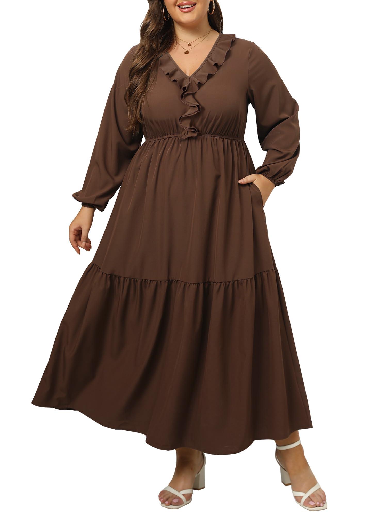 Plus Size A Line Flowy Dresses Long Sleeve V Neck - Coffee-Moon Wood