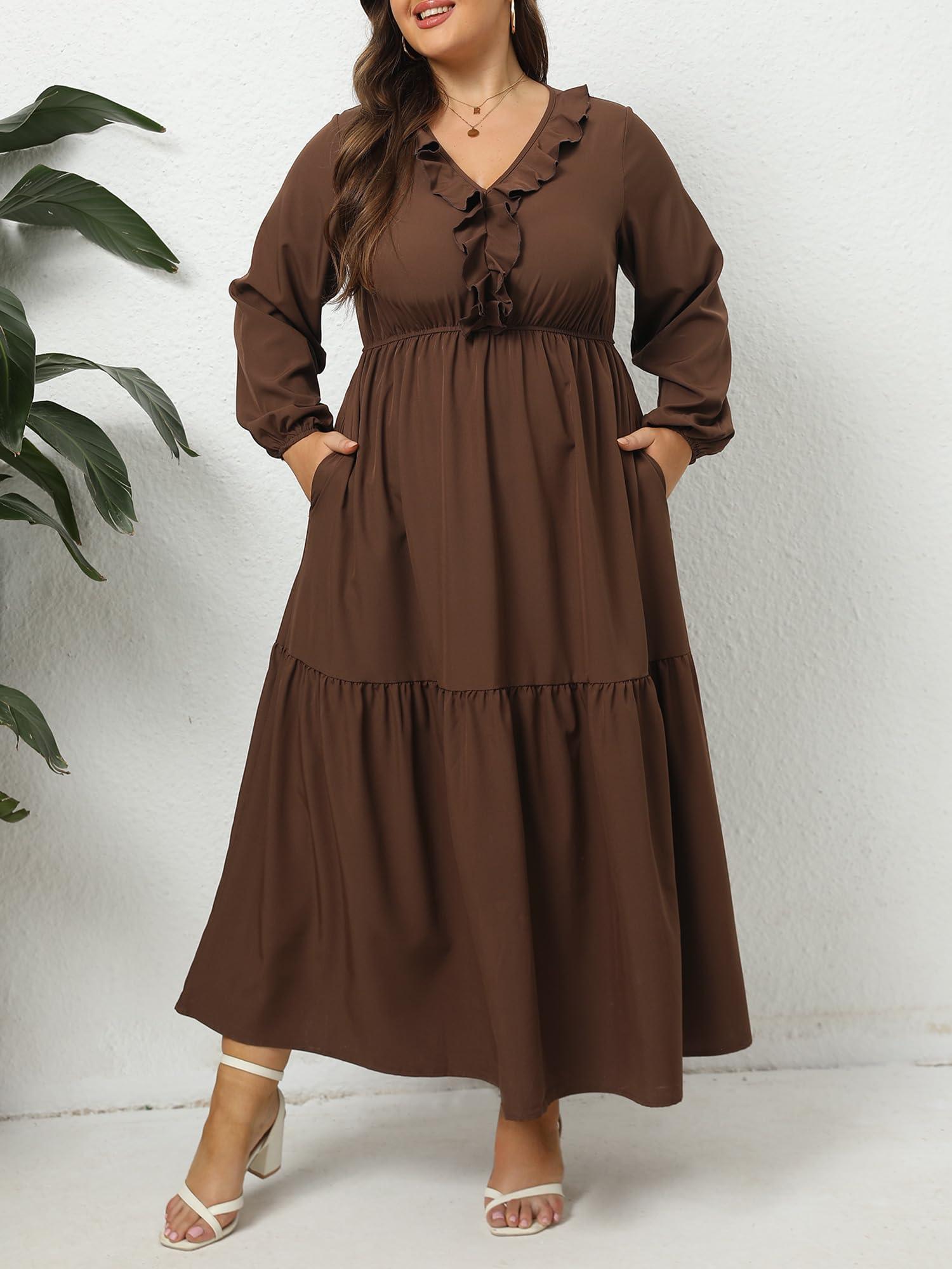 Plus Size A Line Flowy Dresses Long Sleeve V Neck - Coffee-Moon Wood