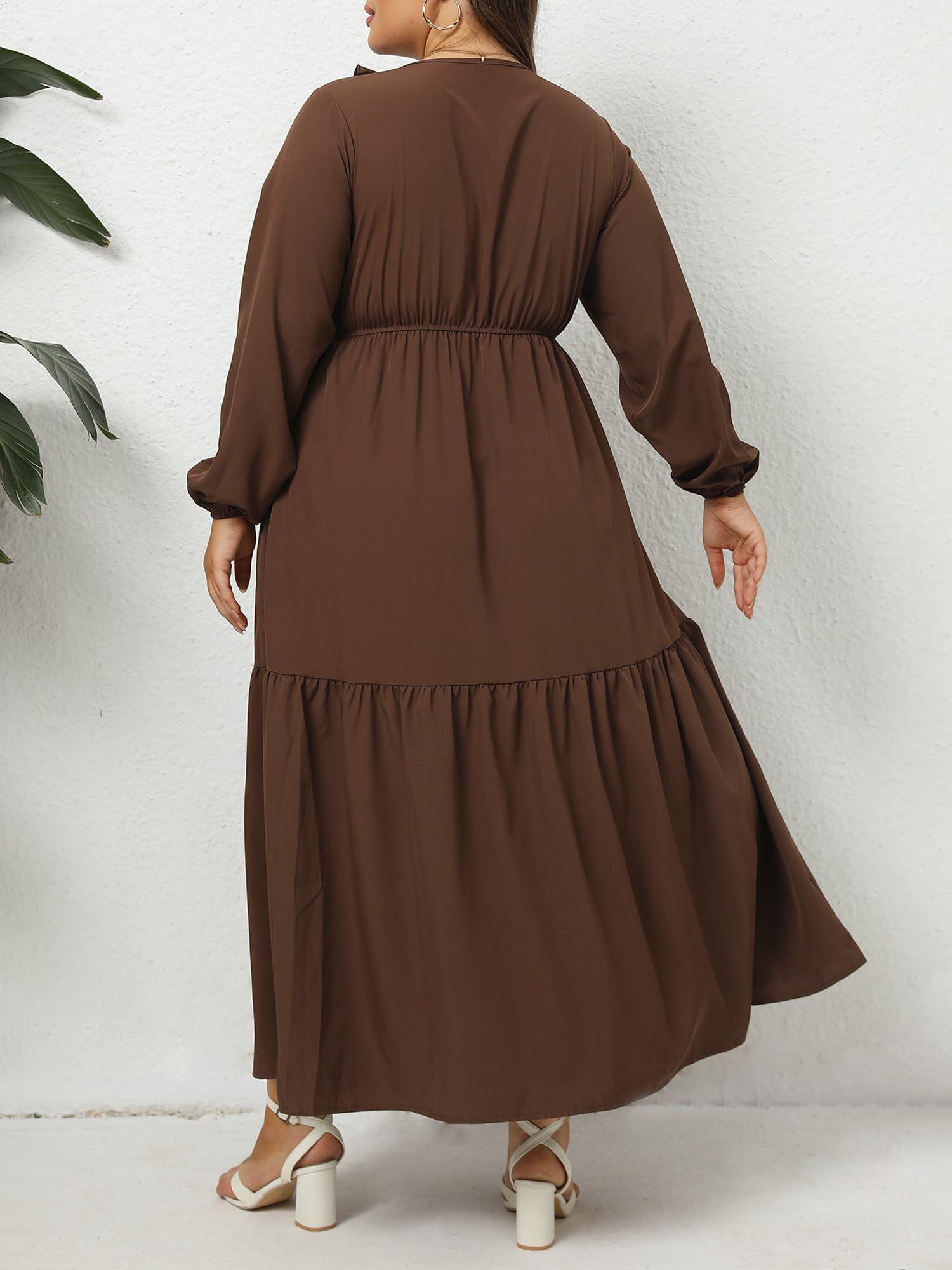 Plus Size A Line Flowy Dresses Long Sleeve V Neck - Coffee-Moon Wood