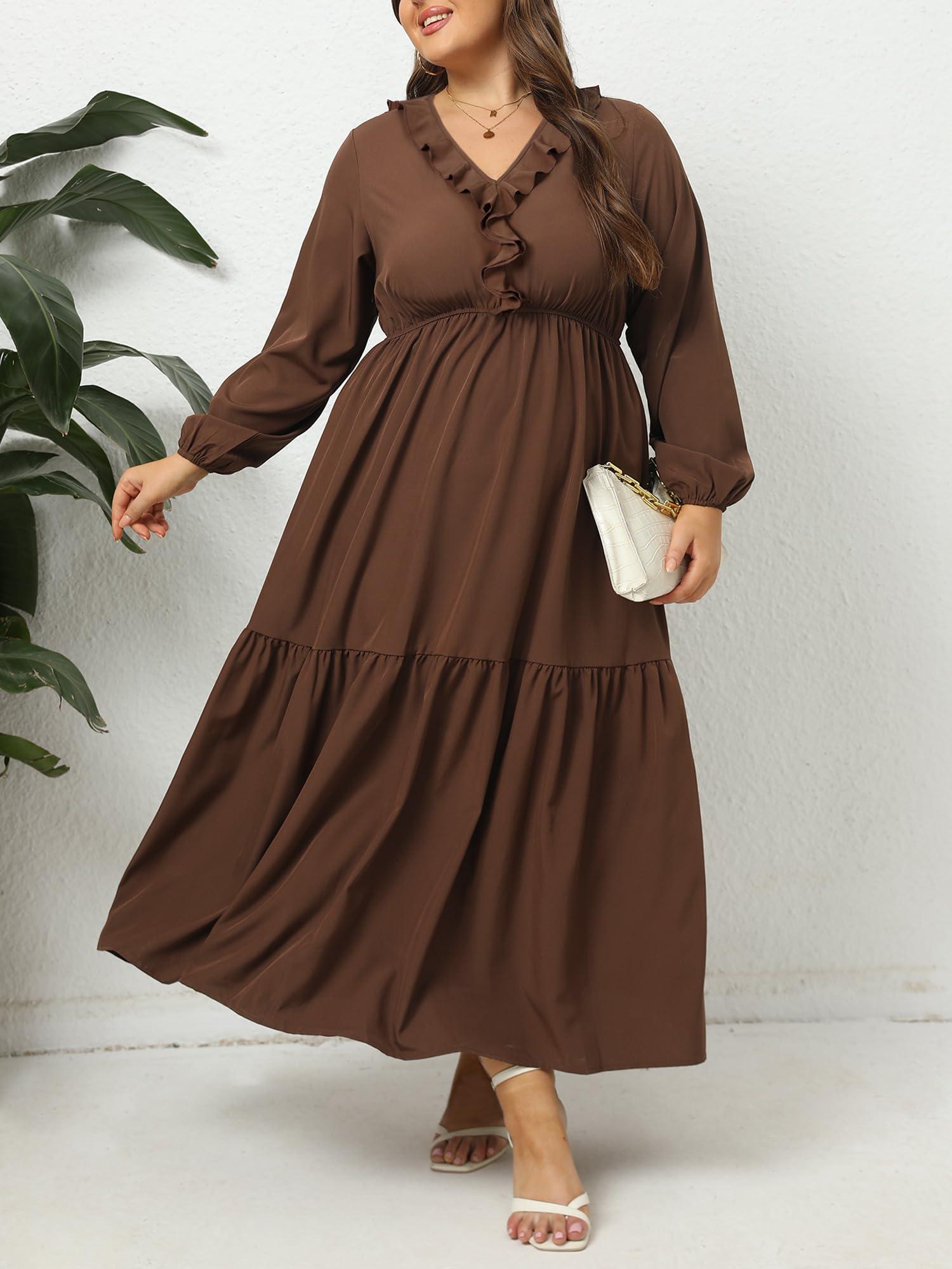 Plus Size A Line Flowy Dresses Long Sleeve V Neck - Coffee-Moon Wood