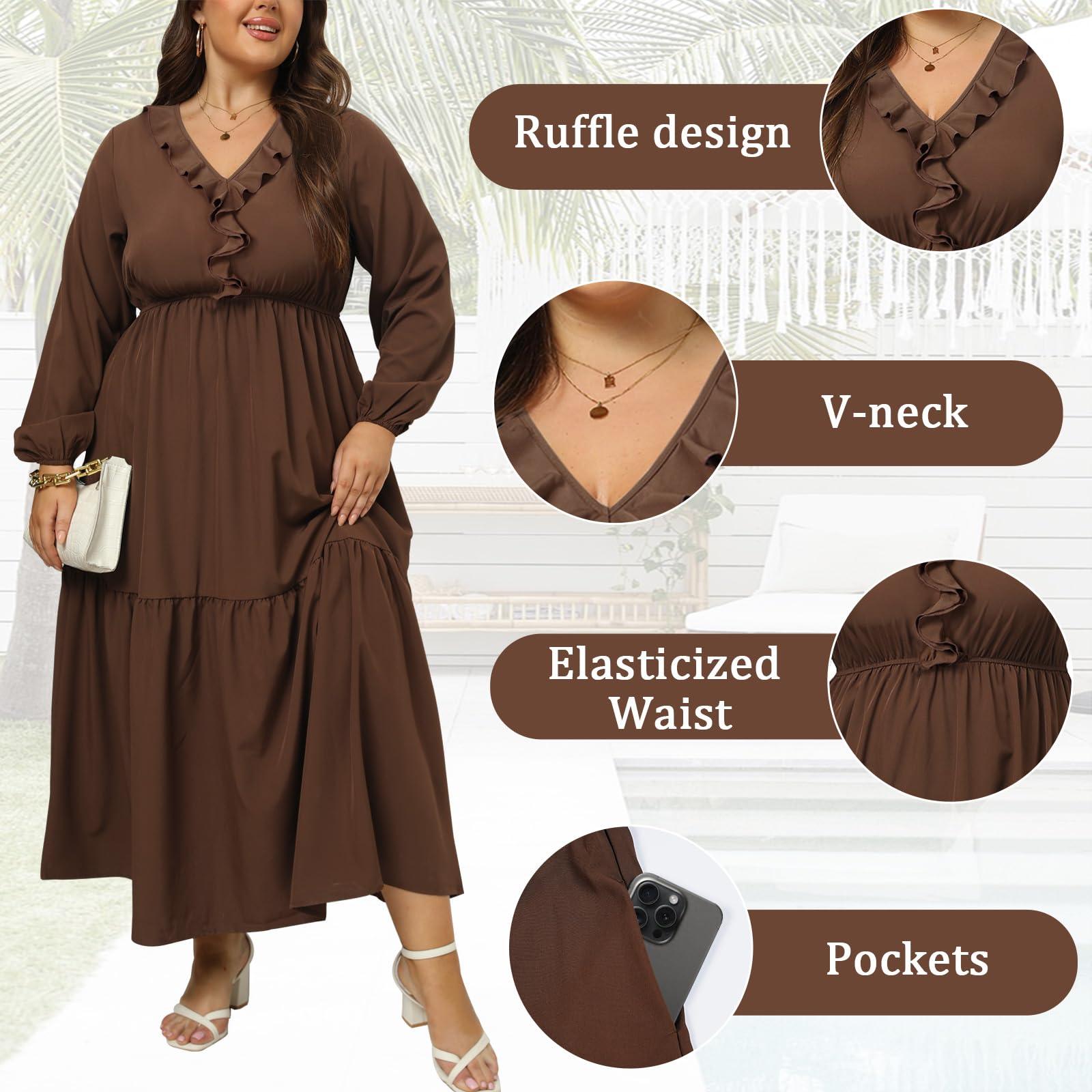 Plus Size A Line Flowy Dresses Long Sleeve V Neck - Coffee-Moon Wood