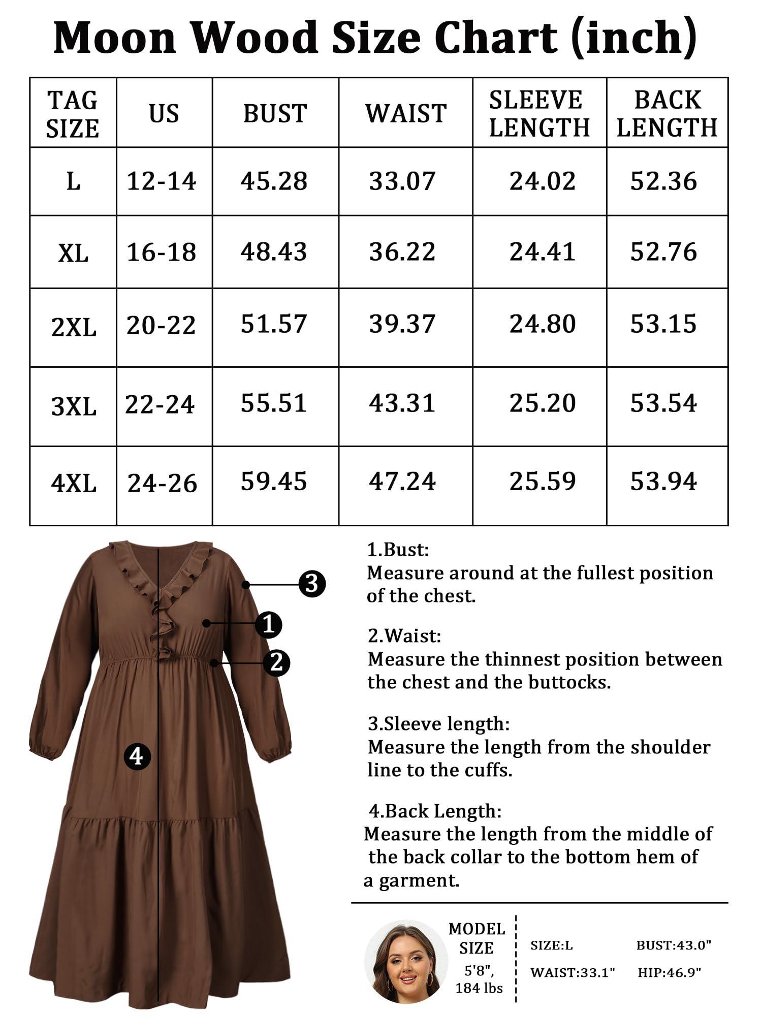 Plus Size A Line Flowy Dresses Long Sleeve V Neck - Coffee-Moon Wood