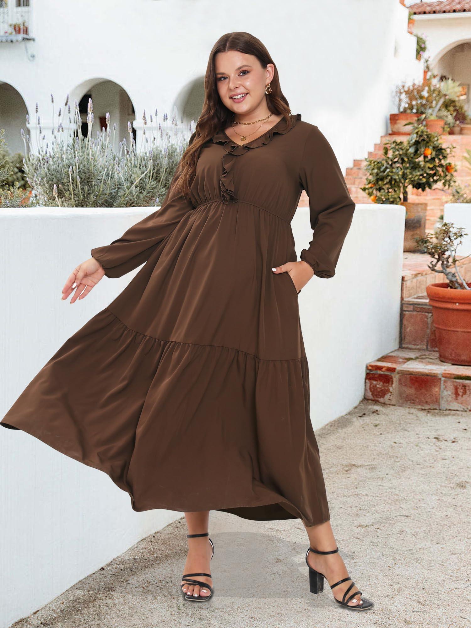 Plus Size A Line Flowy Dresses Long Sleeve V Neck - Coffee-Moon Wood