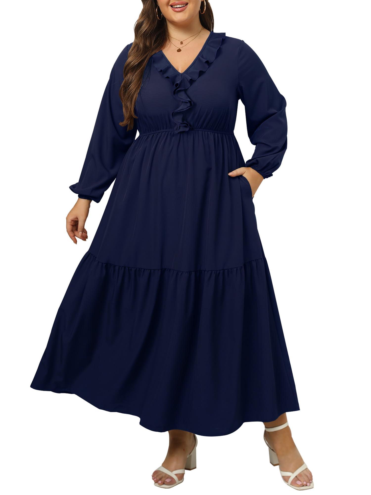 Plus Size A Line Flowy Dresses Long Sleeve V Neck - Navy-Moon Wood