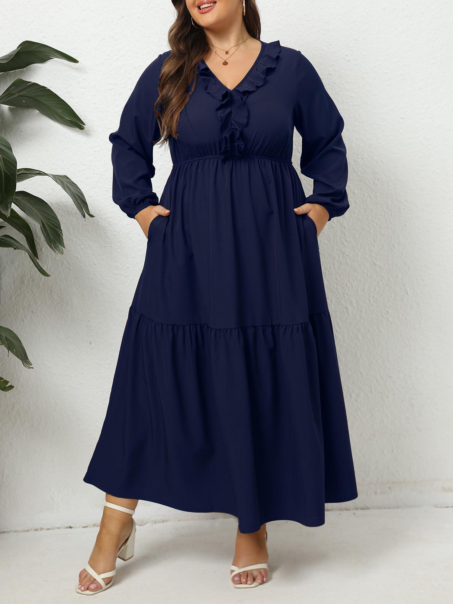 Plus Size A Line Flowy Dresses Long Sleeve V Neck - Navy-Moon Wood