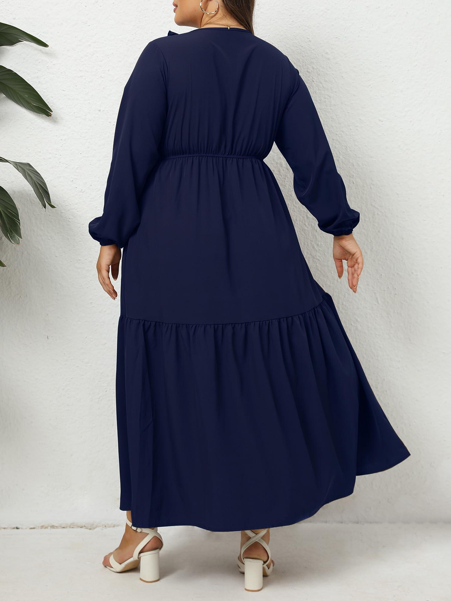 Plus Size A Line Flowy Dresses Long Sleeve V Neck - Navy-Moon Wood