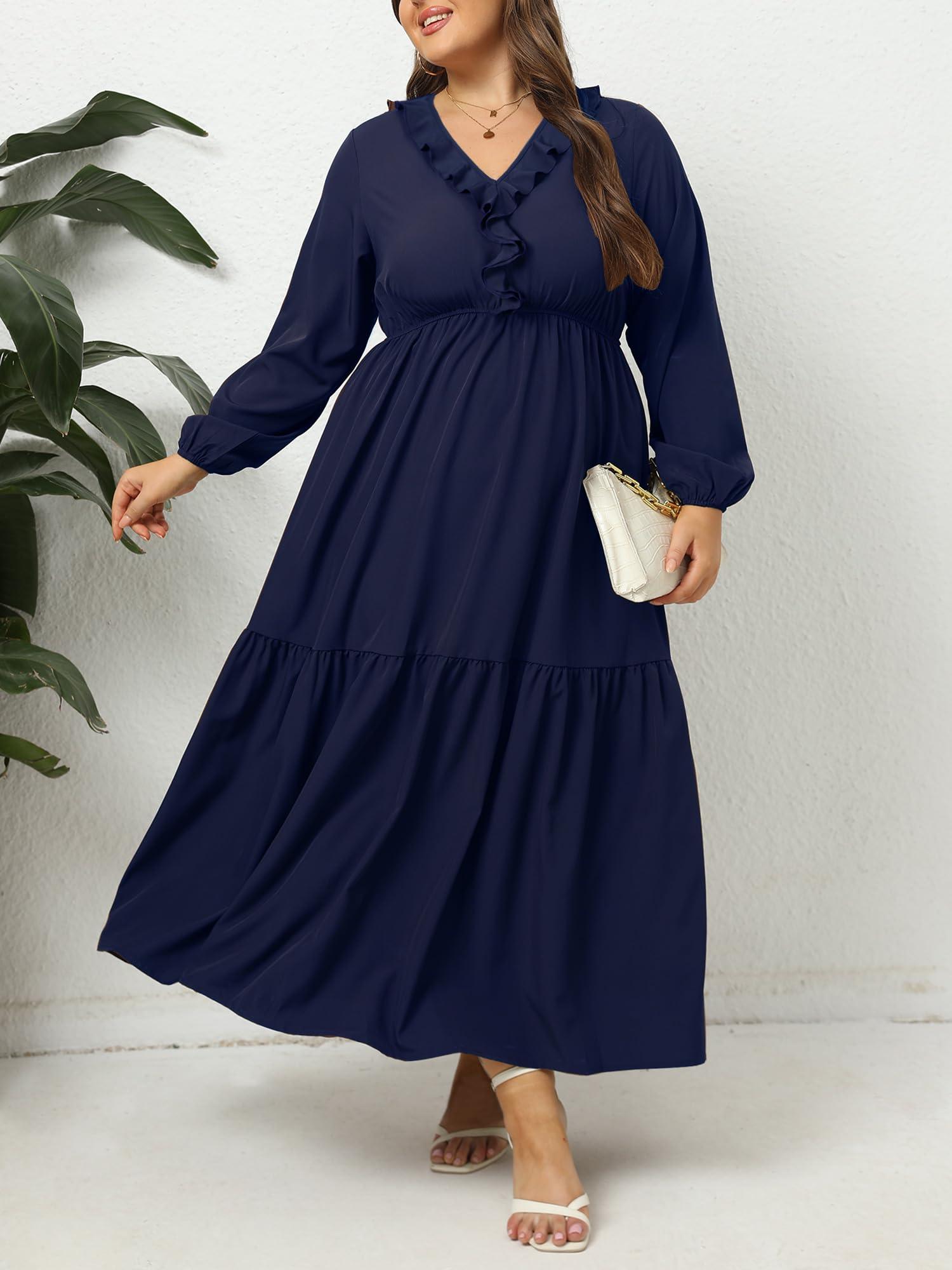 Plus Size A Line Flowy Dresses Long Sleeve V Neck - Navy-Moon Wood