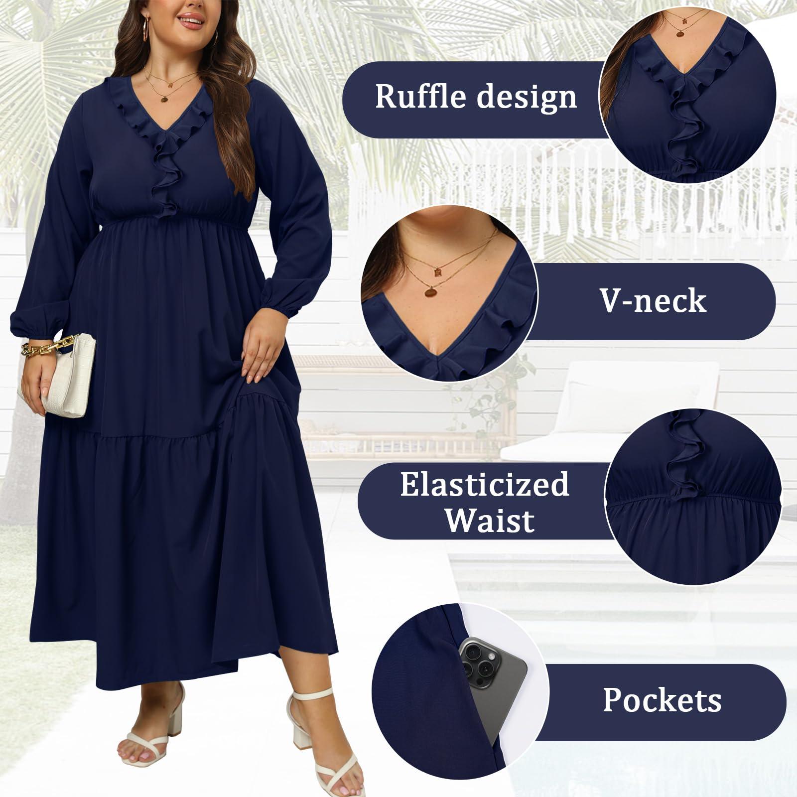 Plus Size A Line Flowy Dresses Long Sleeve V Neck - Navy-Moon Wood