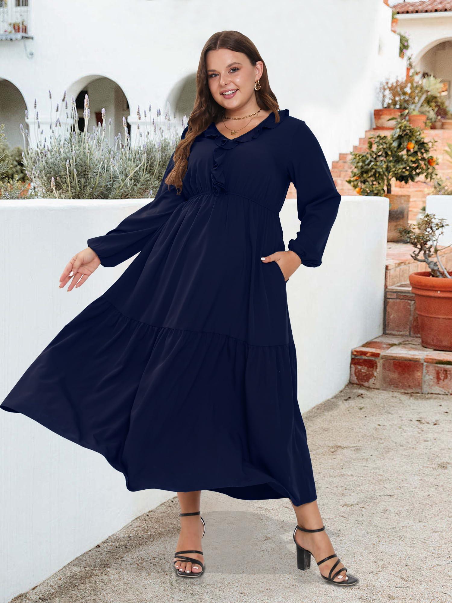 Plus Size A Line Flowy Dresses Long Sleeve V Neck - Navy Plus Size A Line Flowy Dresses Long Sleeve V Neck - Navy