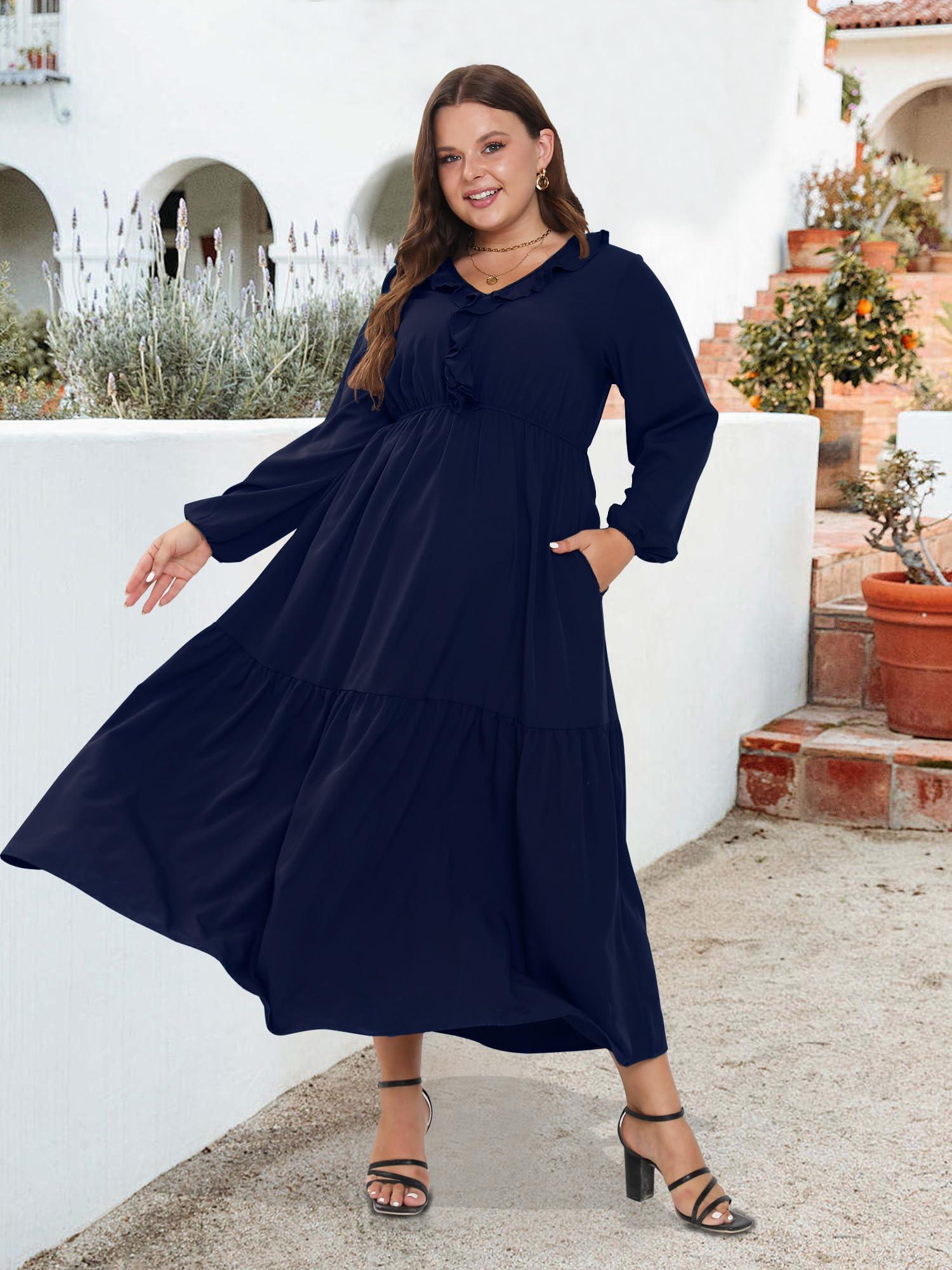 Plus Size A Line Flowy Dresses Long Sleeve V Neck - Navy-Moon Wood