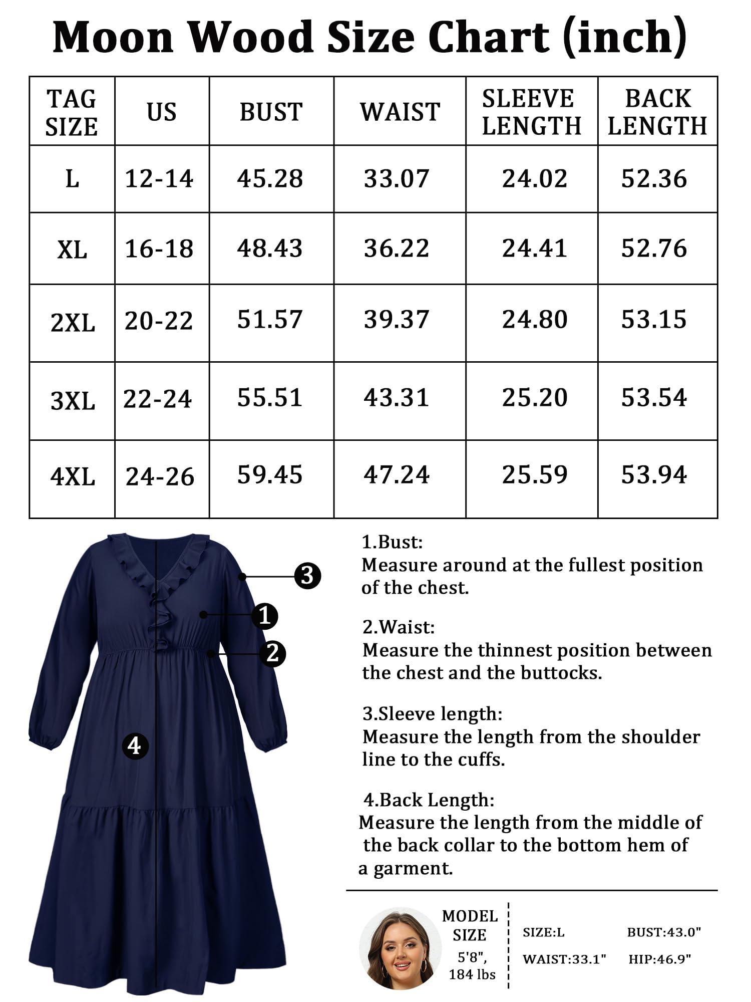 Plus Size A Line Flowy Dresses Long Sleeve V Neck - Navy-Moon Wood