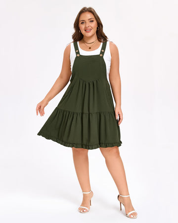 Plus Size Bib Overall Dress Tiered Mini Dress - Army Green